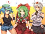  3girls animal_ears bare_shoulders blue_eyes blue_hair blush bow breasts detached_sleeves dress fangs fingerless_gloves front_ponytail gloves goggles goggles_on_head green_eyes green_hair hair_bobbles hair_bow hair_ornament hair_ribbon hands_on_chin hat inubashiri_momiji kagiyama_hina kawashiro_nitori key long_hair long_sleeves multiple_girls red_dress red_eyes ribbon ryuuichi_(f_dragon) sharp_teeth short_hair short_twintails silver_hair skirt smile sweatdrop tail tank_top thumbs_up tokin_hat touhou twintails wink wolf_ears wolf_tail 