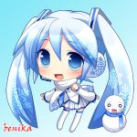  1girl artist_name benika_(benikaone) blue_eyes blue_hair chibi detached_sleeves hatsune_miku headset leaning_forward long_hair necktie open_mouth scarf skirt snowflakes snowman solo thigh-highs twintails very_long_hair vocaloid yuki_miku 