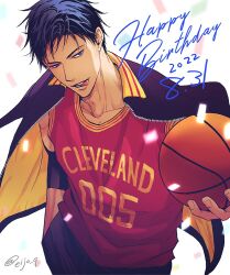  1boy a_jou aomine_daiki arm_up ball basketball basketball_(object) basketball_jersey black_jacket black_pants blue_eyes blue_hair cleveland_cavaliers collarbone commentary_request compression_sleeve confetti cowboy_shot dark_blue_hair dated english_text hand_in_pocket happy_birthday holding holding_ball jacket jersey kuroko_no_basuke looking_to_the_side male_focus open_clothes open_jacket pants parted_lips simple_background solo teeth tongue tongue_out twitter_username two-sided_fabric two-sided_jacket unzipped white_background zipper 