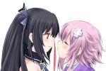  2girls black_hair blood blush choujigen_game_neptune closed_eyes hair_ornament incipient_kiss long_hair multiple_girls neptune_(choujigen_game_neptune) noire nosebleed open_mouth purple_hair red_eyes short_hair smile suzushiro_yukari twintails very_long_hair yuri 