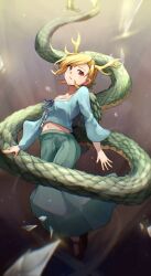  1girl absurdres antlers blonde_hair blue_shirt breasts dragon_girl dragon_horns dragon_tail green_skirt highres horns kicchou_yachie looking_at_viewer midriff mumyuu red_eyes shirt short_hair skirt solo tail touhou turtle_shell very_long_tail wide_sleeves 