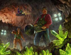 2boys absurdres cave circular_saw crystal highres holding holding_pickaxe hover_bike long_sleeves mining mining_helmet multiple_boys original painting_(medium) pickaxe saw scenery spotlight traditional_media underground vest whaleoil 