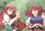  2girls belt braid breast_squeeze breasts coin grass hair_bobbles hair_ornament hat hat_removed headwear_removed hong_meiling long_hair lying multiple_girls on_back on_side onozuka_komachi puffy_short_sleeves puffy_sleeves pzoi redhead shade short_hair short_sleeves skirt sleeping touhou twin_braids twintails very_long_hair vest 