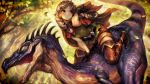  1girl belt boots braid brown_eyes cloak dinosaur dragon&#039;s_crown elf elf_(dragon&#039;s_crown) gloves hood_down long_hair official_art pointy_ears riding shorts small_breasts solo thigh-highs thigh_boots tunic twin_braids 