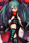  1girl :q aqua_eyes aqua_hair blush boots bracelet candy_apple cross-laced_footwear festival hatsune_miku japanese_clothes jewelry ju-zika kimono knee_boots lace-up_boots long_hair smile solo spring_onion tongue twintails vocaloid wink 