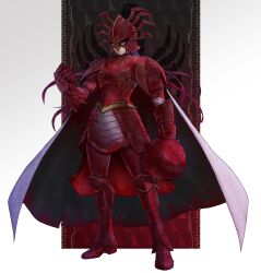 1girl armor armored_boots blood blood_stain boots cape clenched_hand commentary eidenjyou1997 english_commentary full_armor full_body gauntlets genderswap genderswap_(mtf) general_yoroi helmet highres kamen_rider kamen_rider_v3_(series) long_hair looking_at_viewer mace purple_hair red_armor red_footwear red_helmet solo spiked_mace spikes standing very_long_hair violet_eyes weapon