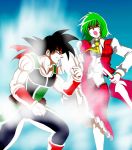  1boy 1girl armor bardock black_hair black_legwear blue_eyes clenched_hands crossover dragon_ball dragon_ball_z dress_shirt full_body green_hair kazami_yuuka male monkey_tail mouth muscle open_mouth pantyhose plaid plaid_skirt plaid_vest red_eyes scar shirt shoes short_hair skirt spiky_hair tail touhou umbrella 