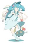  1girl backpack bag blue_eyes blue_hair boots chinchou hair_bobbles hair_ornament hat kawashiro_nitori key koukou_(climacool) poke_ball pokemon pokemon_(creature) short_hair simple_background skirt skirt_set touhou twintails white_background 