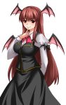  1girl arm_behind_back bat_wings breasts brown_hair finger_to_mouth head_wings highres koakuma large_breasts lips long_hair long_skirt red_eyes skirt solo touhou very_long_hair wings yagami_(mukage) 