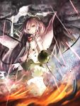  1girl arm_cannon bird_wings black_wings bow brown_eyes brown_hair cape cloudy_sky energy_ball flame hair_bow highres long_hair looking_at_viewer open_mouth rain reiuji_utsuho shirt skirt solo storm third_eye ti_owo touhou very_long_hair weapon wings 