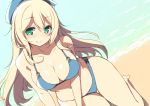  1girl atago_(kantai_collection) bare_shoulders beach bikini blonde_hair blue_bikini blush breasts cleavage green_eyes hat kantai_collection large_breasts long_hair looking_at_viewer navel nekoume personification smile swimsuit 