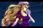  1girl blonde_hair bow breasts cleavage dress elbow_gloves fan folding_fan gloves hair_bow hat hat_ribbon large_breasts letterboxed lips long_hair ribbon slender_waist solo touhou very_long_hair white_gloves yagami_(mukage) yakumo_yukari yellow_eyes 