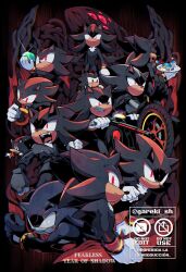 1boy animal_nose artist_name batman batman_(cosplay) batman_(series) black_doom black_fur black_gloves black_wings bracelet chaos_emerald chest_fur chibi chromatic_aberration clenched_teeth closed_eyes closed_mouth constricted_pupils cosplay dc_comics doom_morph doughnut dougi eating empty_eyes english_text fang food fork frown furry furry_male gareki_sh gem glint gloves gold_bracelet green_gemstone hedgehog_boy heterochromia highres holding holding_fork holding_gem holding_plate jewelry looking_ahead looking_at_viewer looking_back male_focus martial_arts_belt motor_vehicle motorcycle multiple_views official_cosplay open_mouth paramount_pictures plate red_eyes red_fur ring_(sonic) scar scar_across_eye sega shadow_the_hedgehog shadow_the_hedgehog_(beta_design) shadow_the_hedgehog_(game) short_tail sonic_(live_action) sonic_(series) sonic_generations sonic_the_hedgehog_3_(film) sonic_x_shadow_generations sweat tail teeth terios_(sonic) twitter_username two-tone_fur watermark white_eyes white_gloves wings