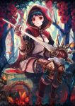  1girl armor blue_hair hood nigoro original red_eyes skirt sword thigh-highs weapon 