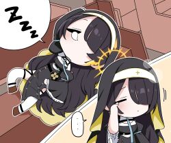  ... 1girl absurdres b.t._(boob_tong) bench black_coif black_dress black_hair blue_archive chest_harness chibi closed_eyes coif cross cross_earrings detached_collar dress earrings garter_straps habit hair_over_one_eye halo harness highres hinata_(blue_archive) jewelry legs_apart long_hair long_sleeves lying nose_bubble nun on_back pew sleeping sleepy spoken_ellipsis spoken_zzz thigh-highs white_thighhighs wide_sleeves winged_halo wooden_bench yellow_halo zzz 