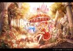  1girl ascot barefoot blonde_hair book butterfly castle column flandre_scarlet flower hat letterboxed open_book parasol pillar red_eyes side_ponytail sitting skirt skirt_set smile solo stairs statue torino_akua touhou umbrella wings 
