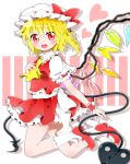  1girl ascot blonde_hair blush flandre_scarlet hand_on_own_chest hat hat_ribbon heart highres kyapinetzu laevatein looking_at_viewer open_mouth puffy_sleeves red_eyes red_shoes ribbon shirt shoes short_hair skirt skirt_set solo touhou vest wings 