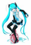  1girl aqua_hair blue_eyes boots detached_sleeves hatsune_miku headphones long_hair necktie riding skirt solo tears thigh_boots thighhighs twintails unicycle very_long_hair vocaloid white_background yuta1147 