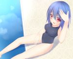  1girl blue_hair original pool poolside red_eyes school_swimsuit short_hair swimsuit takumi1006 