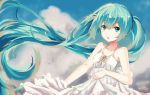  1girl 2013 aqua_eyes aqua_hair artist_name clouds coco_(238243) dated dress hatsune_miku long_hair open_mouth skirt_hold sky solo twintails very_long_hair vocaloid 