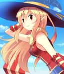  1girl doridori fox hair_tucking hat orange_hair pointy_ears professor_(ragnarok_online) ragnarok_online red_eyes scarf sketch sky sleeveless smile solo witch_hat 