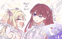  &gt;_&lt; 3girls :d ;o ^_^ anyoji_hime armpit_crease blinding_light blonde_hair blue_hair blunt_bangs blush brown_hair clenched_hand closed_eyes commentary_request dress fang fujishima_megumi gradient_hair hair_intakes halo highres light_blue_hair link!_like!_love_live! link_to_the_future_(love_live!) long_hair love_live! mira-cra_park! multicolored_hair multiple_girls official_alternate_costume one_eye_closed open_mouth osawa_rurino parted_bangs pink_hair ponytail shading_eyes short_sleeves sidelocks skin_fang sleeveless sleeveless_dress smile swept_bangs traditional_halo twintails two_side_up upper_body violet_eyes virtual_youtuber watage_modoki white_background white_dress 