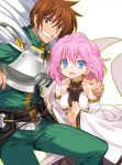  1boy 1girl armor bare_shoulders belt blue_eyes breastplate breasts brown_eyes brown_hair earrings grin hand_on_shoulder highres jewelry open_mouth outline pink_hair rance rance_(series) short_hair shunin sill_plain smile white_background 