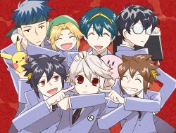  1girl 6+boys :d ^_^ alternate_costume amamiya_ren black_hair black_necktie blonde_hair blue_eyes blue_hair blush_stickers brothers brown_hair cheek_poking child closed_eyes closed_mouth corrin_(female)_(fire_emblem) corrin_(fire_emblem) corrin_(male)_(fire_emblem) crossover dark_pit fire_emblem fire_emblem:_mystery_of_the_emblem fire_emblem:_path_of_radiance fire_emblem_fates floral_background frown gold_hairband green_hat green_headband grin hair_between_eyes hairband hat headband highres ike_(fire_emblem) jacket kid_icarus kid_icarus_uprising kirby kirby_(series) ko_iwari_ngo laurel_crown layered_clothes layered_sleeves link marth_(fire_emblem) middle_part multiple_boys multiple_crossover necktie ouran_high_school_host_club ouran_high_school_uniform persona persona_5 pikachu pit_(kid_icarus) pokemon pokemon_(creature) poking purple_jacket red_eyes reverse_trap round_eyewear school_uniform siblings sidelocks smile spiky_hair super_smash_bros. twins white_hair young_link 