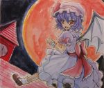  1girl bat_wings blue_hair bow dress fang hat hat_bow loafers loose_socks moon red_eyes red_moon remilia_scarlet sash scan shoes short_hair smile socks solo touhou watercolor_pencil_(medium) wings wristband yagami_(mukage) 