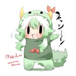  1girl alternate_costume chibi green_hair horn horn_ribbon horns kamishirasawa_keine long_hair lowres open_mouth outstretched_arms rebecca_(keinelove) ribbon smile solo sukusuku_hakutaku sukusuku_hakutaku_(cosplay) touhou |_| 