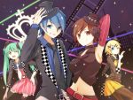  1boy 3girls arm_up armpits belt blonde_hair blue_eyes blue_hair brown_eyes brown_hair checkered deviltd elbow_gloves gloves green_hair grin hair_ornament hairclip hand_on_hip hat hatsune_miku kagamine_rin kaito long_hair meiko midriff mini_top_hat multiple_girls navel necktie open_mouth pantyhose short_hair skirt smile thigh-highs top_hat twintails vocaloid wink 