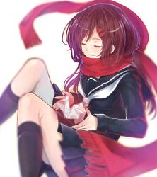  1girl aki663 ayano_(kagerou_project) closed_eyes hair_ornament hairclip kagerou_project long_hair paper_crane purple_hair scarf school_uniform smile 