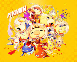  1girl 3boys ^_^ alph_(pikmin) animal_collar backpack bag big_nose black_eyes black_skin blonde_hair blue_bag blue_eyes blue_gloves blue_hair blue_pikmin blue_skin brown_hair bud buttons checkered_background closed_eyes closed_mouth collar colored_skin commentary_request copyright_name creature_on_head dog electricity fang fighting_stance flower freckles from_side full_body ghost_tail gloves glow_pikmin green_skin grin hand_on_own_chest helmet highres ice ice_pikmin insect_wings jumpsuit leaf leaning_forward light_blush light_particles looking_ahead louie_(pikmin) multiple_boys no_mouth oatchi_(pikmin) olimar open_mouth outline paint_splatter pale_skin pikmin_(creature) pikmin_(series) pink_flower pink_skin pointy_ears pointy_nose poison purple_flower purple_hair purple_pikmin purple_skin radio_antenna red_collar red_eyes red_gloves red_jumpsuit red_pikmin red_skin redhead rescue_officer_(pikmin) riding riding_animal rock rock_pikmin shirushiki shoes short_hair smile solid_circle_eyes space_helmet spacesuit tongue triangle triangle_mouth v-shaped_eyes very_short_hair water whistle white_flower white_footwear white_gloves white_outline white_pikmin white_skin wide-eyed winged_pikmin wings yellow_background yellow_flower yellow_pikmin yellow_skin 