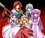  5girls apron bat_wings blonde_hair blue_eyes blue_hair braid breast_grab crescent crossed_arms dress flandre_scarlet flat_chest hat hat_ribbon height_difference highres hong_meiling izayoi_sakuya long_dress long_hair maid_headdress messy_hair multiple_girls no_hat no_headwear patchouli_knowledge polearm purple_hair red_eyes redhead remilia_scarlet ribbon short_hair side_ponytail silver_hair spear touhou twin_braids violet_eyes waist_apron weapon wings yagami_(mukage) 