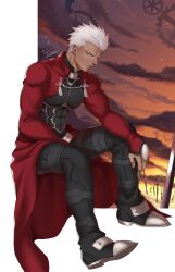  1boy adam&#039;s_apple archer_(fate) black_bodysuit bodysuit closed_mouth clouds coat dark-skinned_male dark_skin fate/stay_night fate_(series) field_of_blades full_body gears grey_eyes highres invisible_chair looking_at_viewer male_focus red_coat short_hair signature sitting solo tassel terra_ekm white_hair 