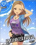  1girl belt blue_background brown_eyes brown_hair character_name diamond diamond_(symbol) earrings eyes idolmaster idolmaster_cinderella_girls jewelry long_hair matsunaga_ryou necklace official_art wink 