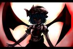  1girl bat_wings blue_eyes bow dress glowing glowing_eyes hat hat_bow highres letterboxed moon red_eyes red_moon remilia_scarlet shade shaded_face solo touhou wings yagami_(mukage) 