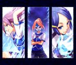  3girls blue_eyes blue_hair diamond_dust_(inazuma_eleven) frame hair_ornament hairclip inazuma_eleven inazuma_eleven_(series) kori_(etinop) kurakake_clara kurione_yuki long_hair mask multiple_girls orange_hair purple_hair shorts smile soccer_uniform touchi_ai violet_eyes 