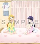  2girls :&lt; :d barefoot bed blue_eyes blush curtains dress fang feet frills gokou_ruri hair_ornament hairclip hand_on_knee hoodie kousaka_kirino long_hair mole multiple_girls official_art on_bed open_mouth orange_hair ore_no_imouto_ga_konna_ni_kawaii_wake_ga_nai pillow purple_hair sample school_uniform serafuku sitting smile violet_eyes wariza x_arms 