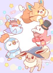  apple asakoline bow candy candy_wrapper closed_eyes eevee fangs food fruit fuecoco halloween hat mudkip no_humans open_mouth pawmi piplup pokemon pokemon_(creature) smile star_(symbol) top_hat witch_hat 