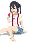  1girl barefoot black_hair brown_eyes casual k-on! long_hair nakano_azusa popsicle suspenders twintails watanore watermelon_bar 