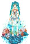  1girl absurdres anklet aqua_eyes aqua_hair bra dress fish hatsune_miku highres jewelry long_hair marker_(medium) open_mouth panties see-through skirt_hold solo traditional_media twintails ujii underwater underwear very_long_hair vocaloid wink 