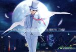  1boy blue_eyes brown_hair cape cityscape full_moon hat kaitou_kid meitantei_conan monocle moon solo top_hat tuxedo zkxandy 