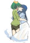 2girls :d aoki_reika blue_hair blush closed_eyes couple dancing green_hair happy highres hug incipient_kiss midorikawa_nao multiple_girls open_mouth ponytail precure simple_background sketch smile smile_precure! white_background yomosaka yuri 