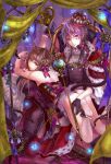  animal_ears bare_shoulders barefoot boots brown_eyes brown_hair cape cat_ears cat_tail crown earrings facial_mark feet gloves hair_ribbon highres jewelry knee_boots long_hair lying_on_lap on_stomach original purple_hair ribbon routemoc sitting soles staff tail throne toes violet_eyes 