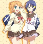  2girls :d alternate_costume bag blue_eyes blue_hair bowtie cosplay denpa_onna_to_seishun_otoko frilled_skirt hair_tubes hasuike_an inazuma_eleven inazuma_eleven_(series) kurakake_clara miniskirt multiple_girls nina0530 open_mouth orange_hair pleated_skirt school_bag school_uniform skirt smile sweater wind 