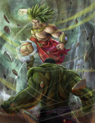  2boys abs battle blue_pants bracer broly_(dragon_ball_z) brown_footwear colored_skin crossover curtained_hair dartcortes debris dragon_ball dragon_ball_z earrings english_commentary facing_back gold_bracer gold_necklace green_hair green_skin green_theme hoop_earrings hulk jewelry legendary_super_saiyan long_hair male_focus marvel marvel_cinematic_universe multiple_boys muscular muscular_male necklace no_pupils nose open_mouth outdoors pants pectorals spiky_hair super_saiyan teeth tongue topless_male torn_clothes torn_pants veins veiny_arms white_pants wind 