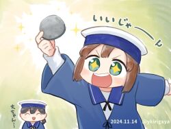  2girls ^_^ black_hair blue_eyes blue_sailor_collar brown_hair chibi closed_eyes commentary_request daitou_(kancolle) dated hat hiburi_(kancolle) holding holding_rock kantai_collection kirigaya_yuuji long_sleeves multiple_girls open_mouth rock sailor_collar sailor_hat simple_background smile sparkle translation_request twitter_username white_hat 