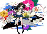  1girl black_eyes black_hair blazer boots chain clouds colorful flower hashimochi headphones long_hair looking_at_viewer loose_necktie necktie original paint_bucket pen pencil power_lines skirt solo tablet_pc 