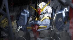  2boys absurdres aeug anaheim_electronics argama astronaut cable gundam hangar highres hyaku_shiki logo machinery mecha mobile_suit multiple_boys realistic repairing robot roundel science_fiction spacecraft_interior user_xwdn8852 v-fin zero_gravity zeta_gundam zeta_gundam_(mobile_suit) 